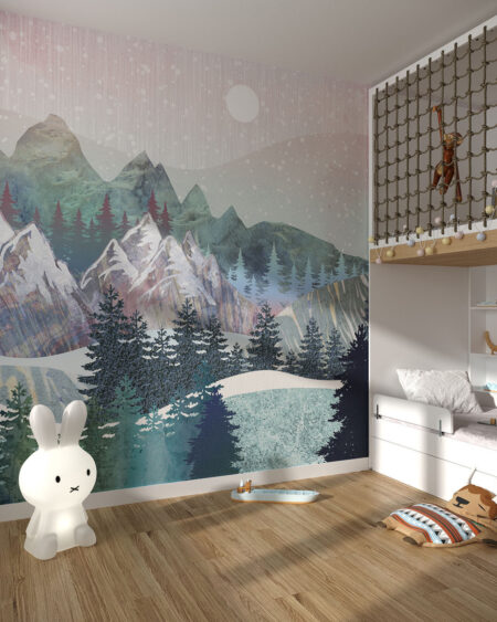 Дизайнерские фотообои зимний лес и горы с разными текстурами в детской