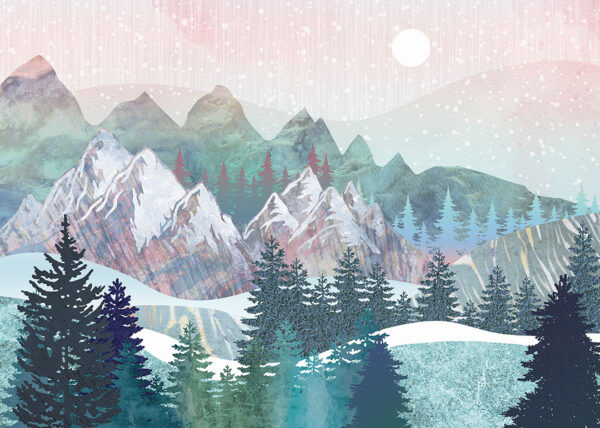 Дизайнерские фотообои зимний лес и горы с разными текстурами