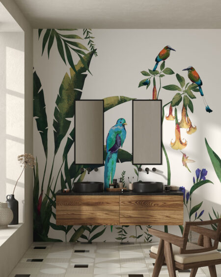 Фотообои тропики с птицами и растениями на белом фоне в ванной комнате