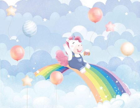 Фотообои единорог с пончиком на радуге на фоне с воздушными шариками