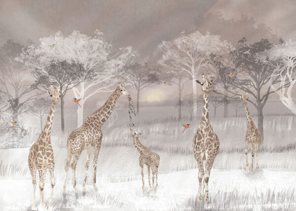 Шпалери з жирафами та кольоровими пташками у савані в сірих тонах