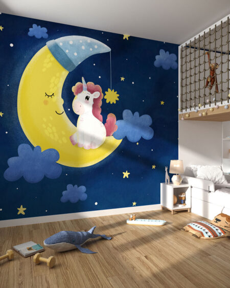 Фотошпалери єдиноріг на місяці серед хмаринок на нічному небі у дитячій кімнаті