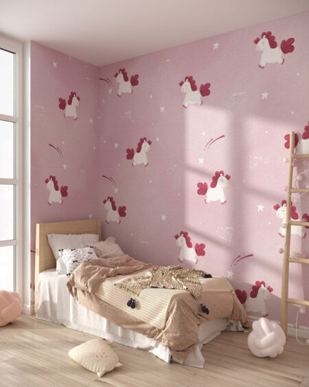 Фотошпалери єдинороги із сузір'ями паттерн у графічному стилі на рожевому тлі у дитячій кімнаті