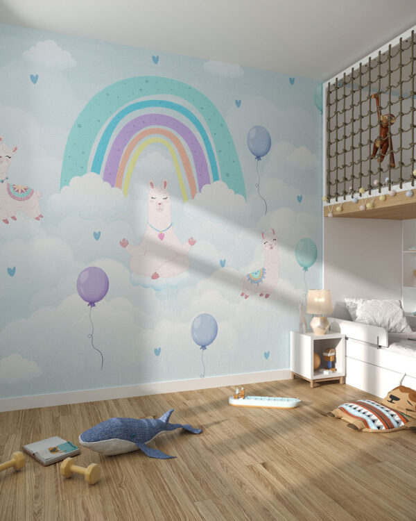 Детские обои ламы в облаках с радугой и воздушными шариками в детской