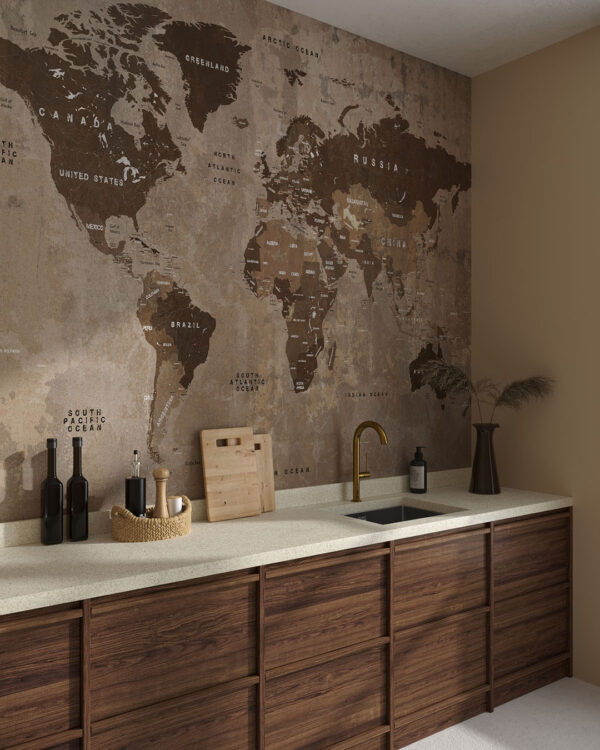 Вінтажні фотошпалери карта світу англійською в стилі лофт у коричневих відтінках на кухні