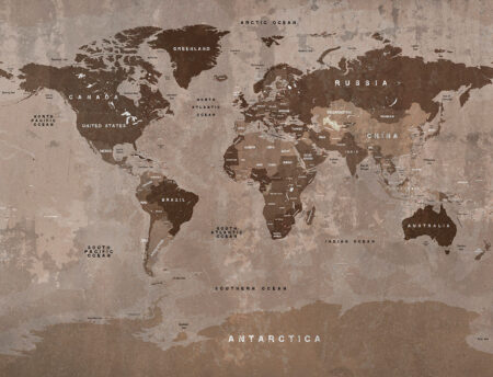 Вінтажні фотошпалери карта світу англійською в стилі лофт у коричневих відтінках