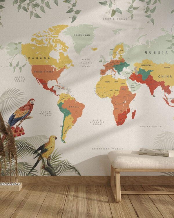 Дизайнерські фотошпалери барвиста карта світу на сірому фоні в стилі джунглі з папугами на пальмовому листі в коридорі