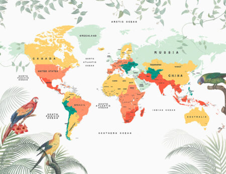 Дизайнерські фотошпалери барвиста карта світу англійською на сірий фон в джунглі з папугами на пальмовому листі