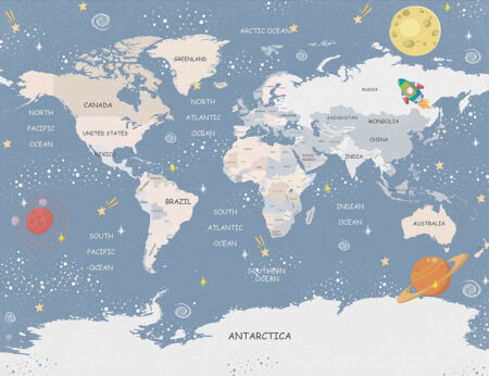 Дизайнерські фотошпалери дитяча карта світу англійською у стилі космосу із зірковими ілюстраціями