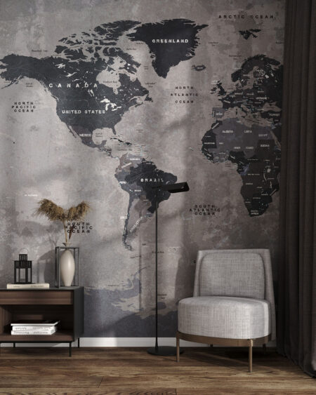 Дизайнерські фотошпалери карта світу сірих відтінків в стилі лофт у вітальні