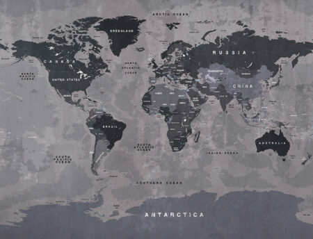 Дизайнерські фотошпалери карта світу англійською сірих відтінків в стилі лофт у вітальні