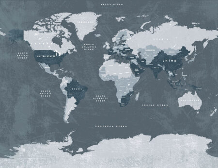 Дизайнерські фотошпалери карта світу англійською у синіх та сірих кольорах на темно-сірому фоні з потертостями