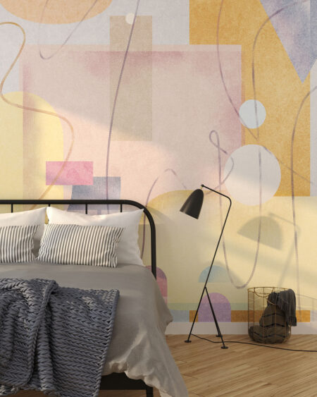 Обои геометрические фигуры в ярких цветах с волнистыми линиями в спальне