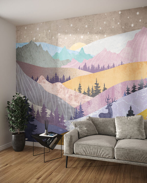 Дизайнерские фотообои олень на фоне гор с разными цветными текстурами в гостиной