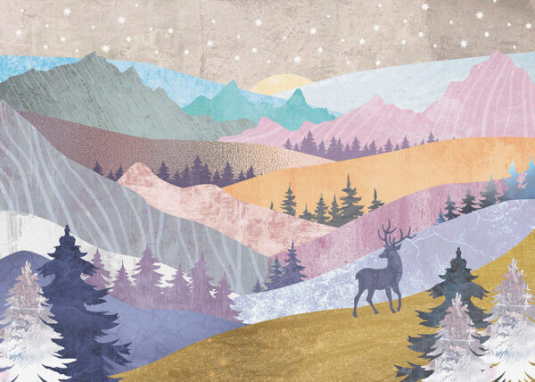 Дизайнерские фотообои олень на фоне гор с разными цветными текстурами