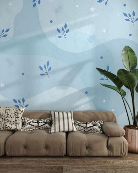 Дизайнерские обои паттерн с иллюстрациями листьев на голубом фоне в гостиной
