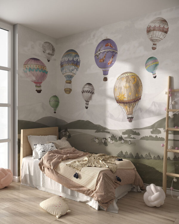Обои с воздушными шарами разного цвета над пейзажем с мопедом в детской