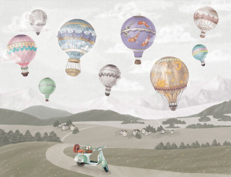 Обои с воздушными шарами разного цвета над пейзажем с мопедом