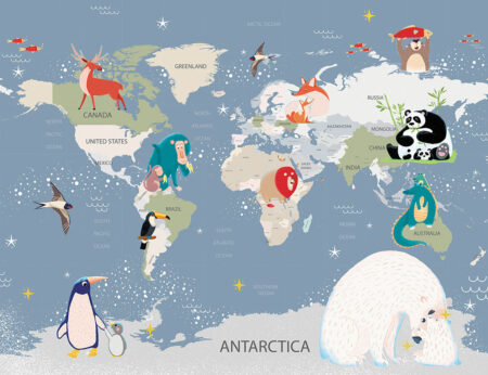 Дизайнерські фотошпалери дитяча карта світу англійською з різними тваринами у місцях їх проживання