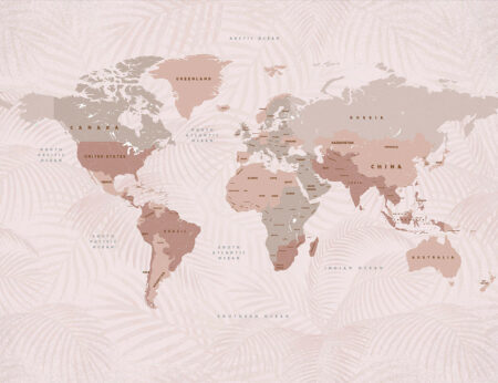 Дизайнерські фотошпалери карта світу англійською в бежевих відтінках на декоративному тлі, прикрашеному тінню листя