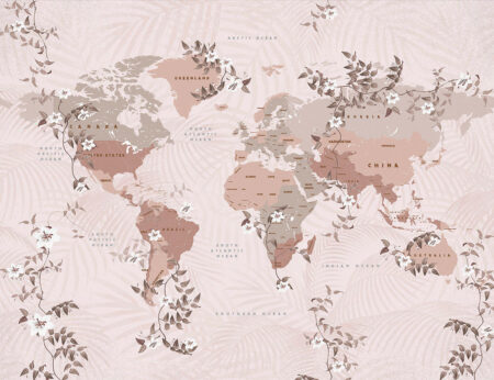 Дизайнерські фотошпалери карта світу англійською в бежевих відтінках, прикрашена декоративними рослинами з квітами у вітальні