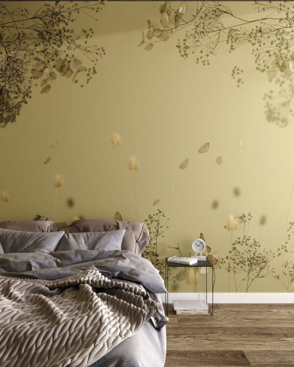 Фотообои 3д сухоцветы на оливковом фоне в спальне