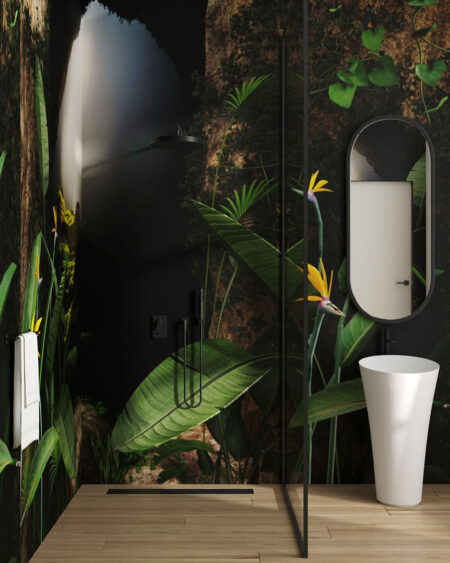 Фотообои 3д тропические листья растений и пещера в ванной