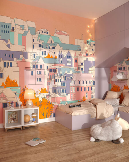 Обои город с нарисованными домами в ярких цветах в детской комнате