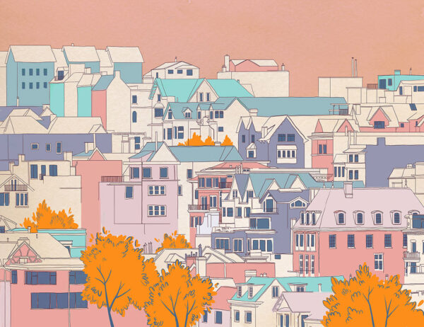 Обои город с нарисованными домами в ярких цветах