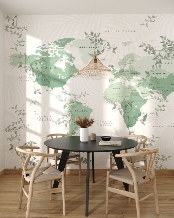 Дизайнерські фотошпалери карта світу в зелених відтінках, прикрашена декоративними рослинами на кухні