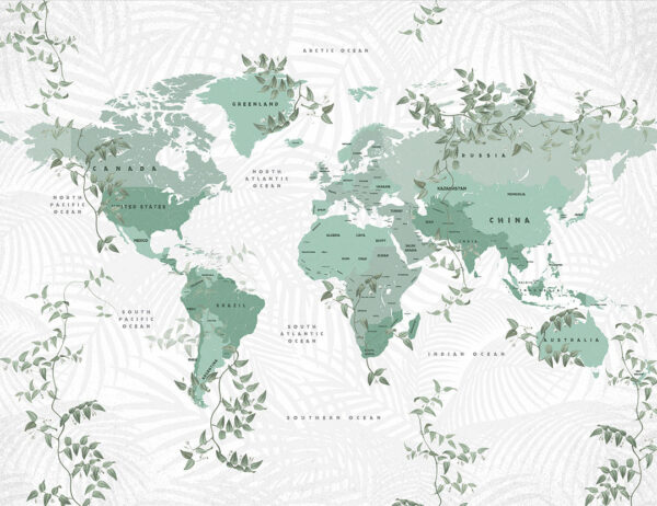 Дизайнерські фотошпалери карта світу англійською в зелених відтінках, прикрашена декоративними рослинами на білому тлі.