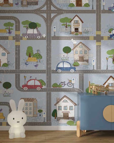 Фотообои дорога с машинами и домами на голубом фоне в детской комнате