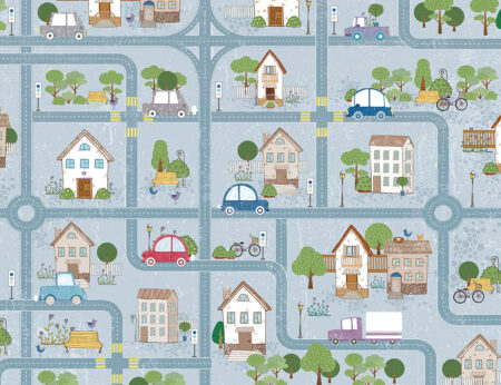Детские обои дорога с машинами и домами на голубом фоне