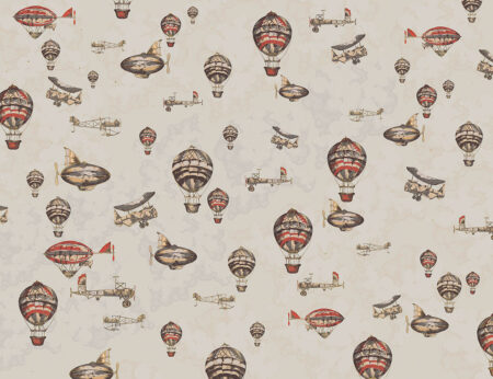 Фотообои самолеты, воздушные шары и дирижабли паттерн на светло-бежевом фоне