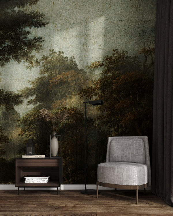 Винтажные обои лес гравюра с изображением тёмных деревьев в гостиной