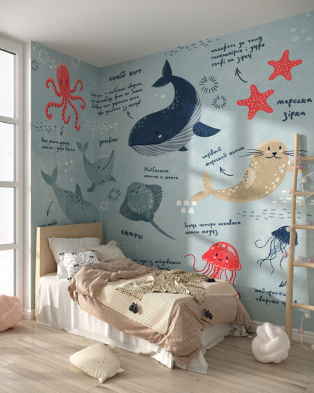Шпалери морські тварини з інформацією про них у графічному стилі у дитячій кімнаті