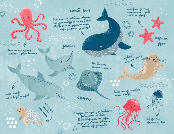Шпалери морські тварини з інформацією про них у графічному стилі на блакитному тлі