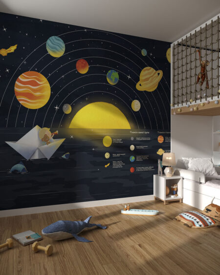 Дизайнерські фотошпалери космос із зображенням сонячної системи над морем з плаваючим паперовим корабликом у дитячій кімнаті