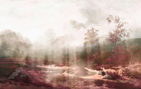 Фотошпалери з фрескою сонячного лісу в рожевих тонах
