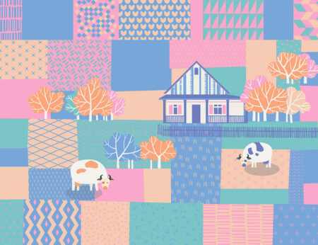 Фотообои пейзаж деревни с геометрическими узорами в голубых и розовых цветах