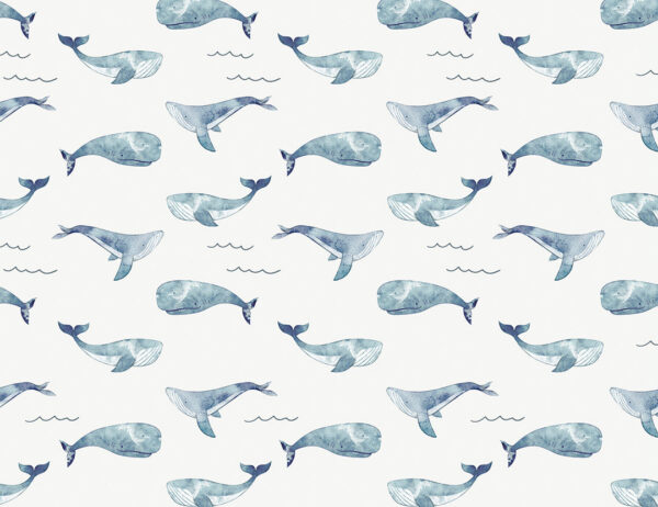 Фотообои киты синего цвета и маленького размера паттерн на светлом фоне