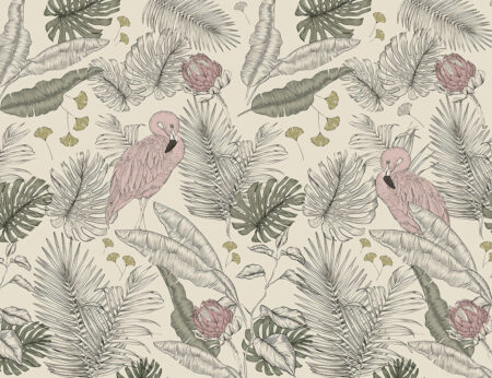 Дизайнерские обои розовые фламинго и тропические листья в стиле графики на бежевом фоне