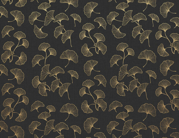Дизайнерские обои листья гинкго паттерн в золоте на черном фоне