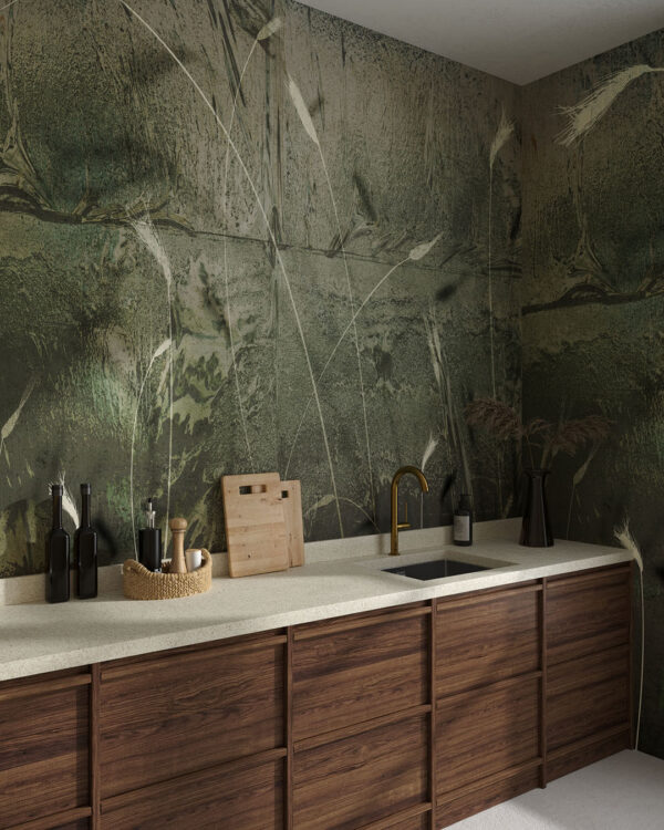 Дизайнерські шпалери під плитку у зелених тонах з колоссям на кухні