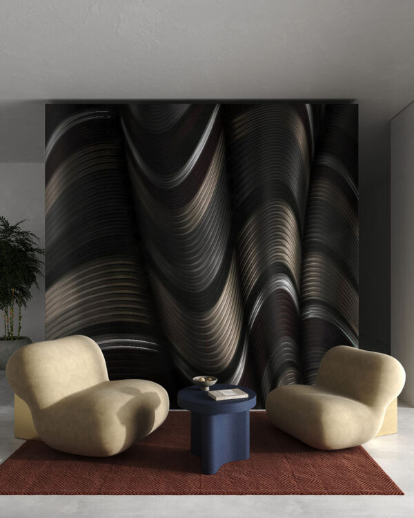 Фотошпалери абстракція 3д хвиляста текстура металу у коричневих відтінках у вітальні