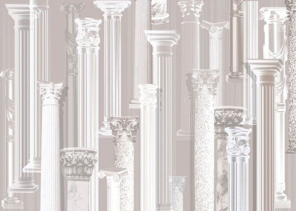 Фотошпалери 3д античні колони різних видів на сірому тлі