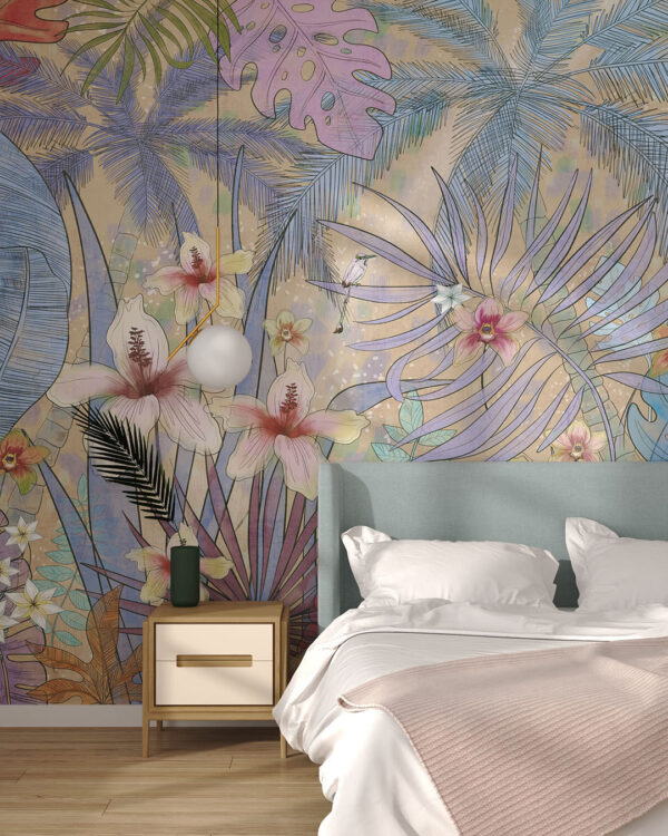 Дизайнерские обои тропики с цветами, пальмами и другими растениями в спальне