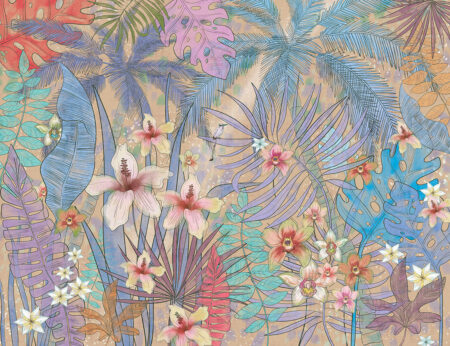 Дизайнерские обои тропики с красочными цветами, пальмами и другими растениями на бежевом фоне