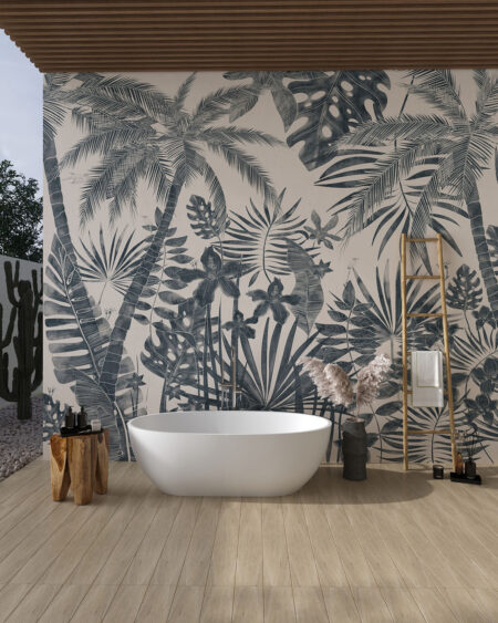 Обои тропические листья с пальмами темно-серого цвета на светло-бежевом фоне в ванной