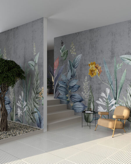 Дизайнерські шпалери з барвистими квітами рослин на темно-сірому тлі у вітальні